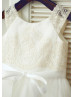 Ivory Satin Tulle Champagne Lace Cap Sleeves Tea Length Flower Girl Dress 